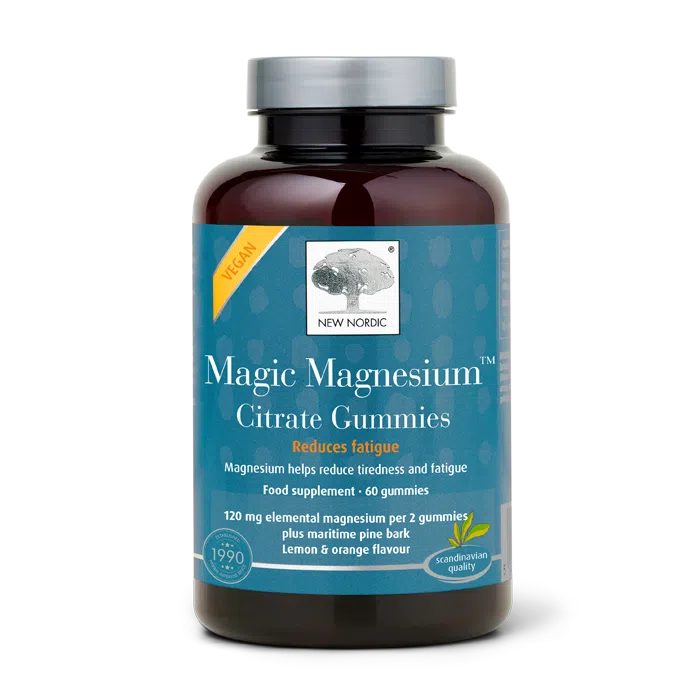New Nordic Magic Magnesium™ Citrate Gummies help maintain nerves, muscles, energy, and microcirculation, and contribute to reduced tiredness, with magnesium and maritime pine bark. Image of product.