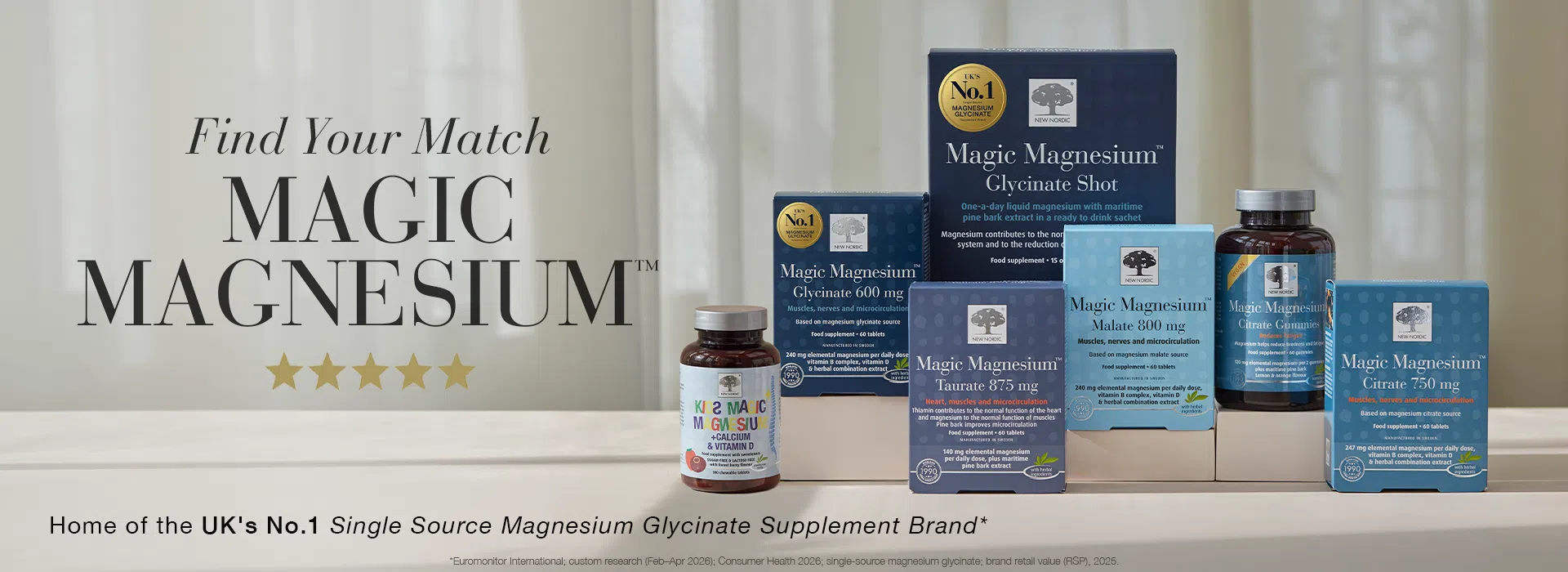 Magic Magnesium range featuring Glycinate, Taurate, Malate, Citrate and Kids Magnesium supplements for different health needs.