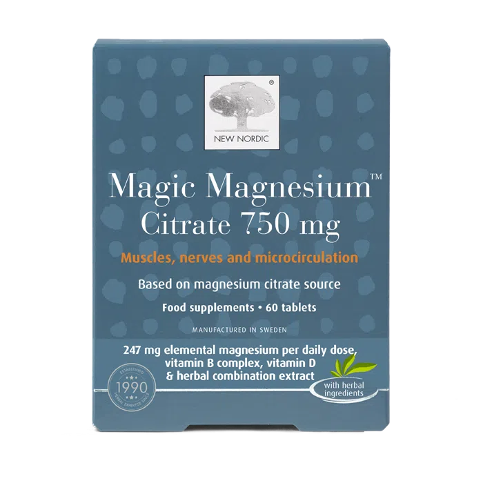 New Nordic Magic Magnesium Citrate™ tablets help maintain muscles, nerves, energy, heart, and microcirculation, and contribute to reduced tiredness, with B vitamins, magnesium, maritime pine bark, and long pepper. Image of product.