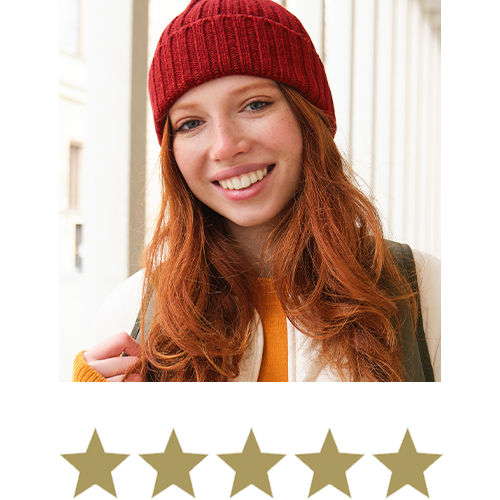 Irish™ Sea Moss 3 Woman smiling with five stars displayed underneath.