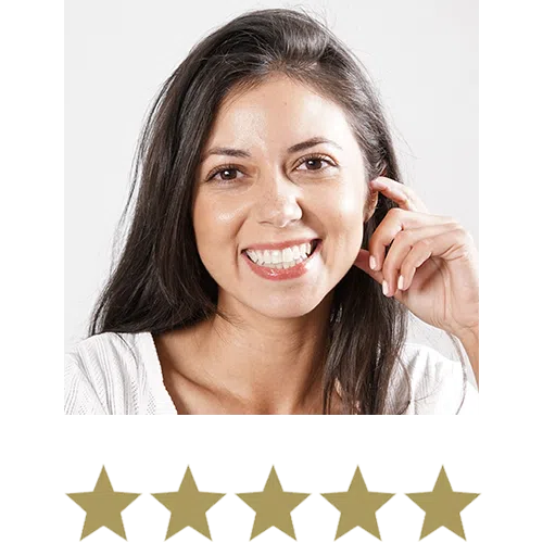 Woman smiling with five stars beneath