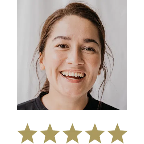 Woman smiling with five stars beneath