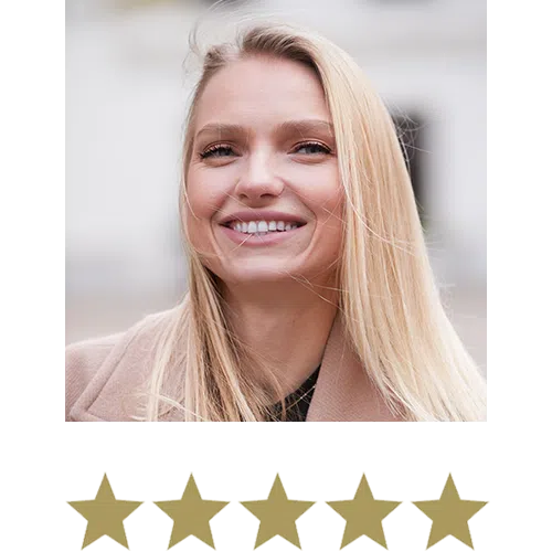 Hair, Skin & Nail Strong™ Gummies 14 Woman smiling with five stars beneath