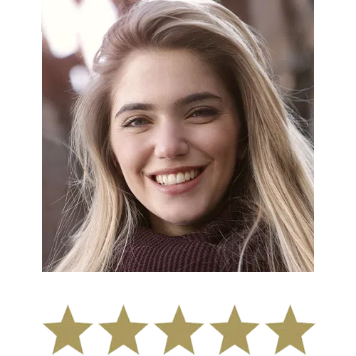 Hair, Skin & Nail Strong™ Gummies 13 Woman smiling with five stars beneath