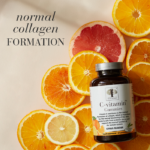 The C-vitamin Gummies bucket lying on a bed of citrus fruits with text Normal collagen formation.