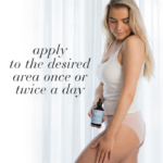 Woman in underwear holding Cellufit Action™ Anti-Cellulite Gel in a soft home setting with text apply to the desired area once or twice daily.