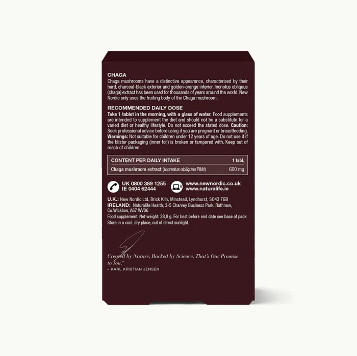 Back of Chaga™ package.