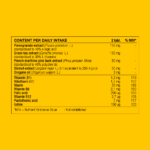 Ingredient table showing daily intake and amounts of pomegranate, green tea, maritime pine bark, walnut and oregano oil extracts with vitamins and minerals, thiamine (B 1), Riboflavin (B2), Niacin, Vitamin B6, Folic acid, Vitamin B12, Pantothenic acid and lodine.