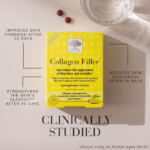 The yellow Collagen Filler™ package displayed with key benefits and text Clinically studied on women aged 26–58.