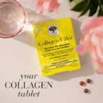 The Collagen Filler™ package displayed with a glass of water and 3 tablets and text Your collagen tablet.