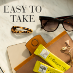 Collagen Shot™ sachets shown in an everyday handbag setting, highlighting easy use on the go.