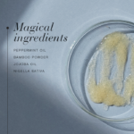 Magical ingredients of Deep Cleanse™ Peppermint exfoliating body scrub, including peppermint oil, bamboo powder and jojoba oil.