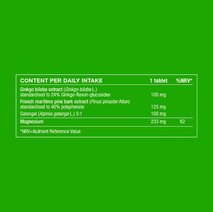 Ingredient table showing daily intake and amounts of ginkgo biloba, maritime pine bark, galangal extracts with magnesium.
