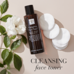 The Energising Face Toner™ surrounded by a white flower, eye pads and the text Cleansing face toner.