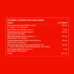 Ingredient table showing daily intake and amounts of black cumin seed, black cumin seed, green tea, milk thistle, ginger rod stem, yerba mate leaf, black pepper extracts and choline.