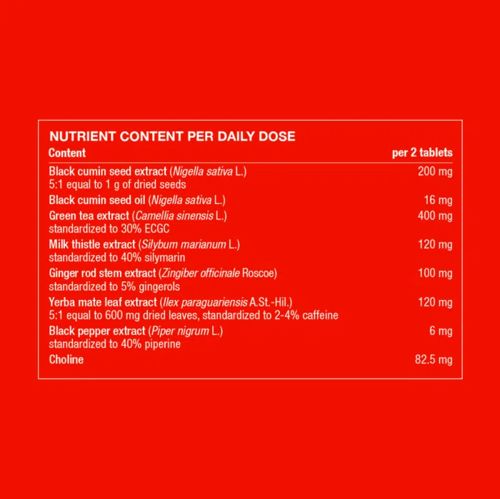 Ingredient table showing daily intake and amounts of black cumin seed, black cumin seed, green tea, milk thistle, ginger rod stem, yerba mate leaf, black pepper extracts and choline.