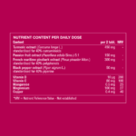 Ingredient table showing daily intake and amounts of turmeric extract, passion fruit extract, french maritime pinebark extract, black pepper extract, vitamin d, vitamin c, manganese, magnesium and copper.