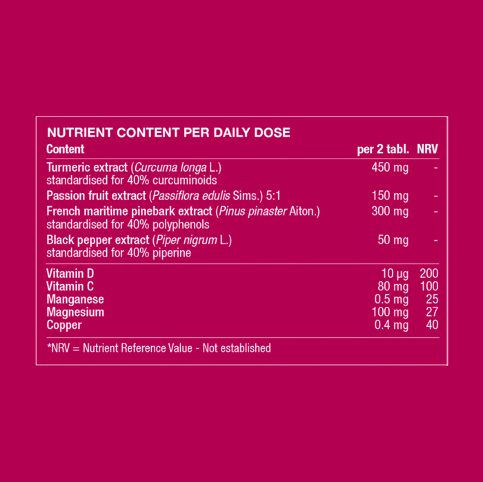 Ingredient table showing daily intake and amounts of turmeric extract, passion fruit extract, french maritime pinebark extract, black pepper extract, vitamin d, vitamin c, manganese, magnesium and copper.