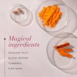 Magical ingredients of Free To Move™ tablets, including passion fruit, black pepper, and turmeric.