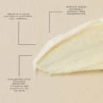 Benefits of the ingredients of Gentle Face™ Exfoliator shown with a swipe to highlight its texture.