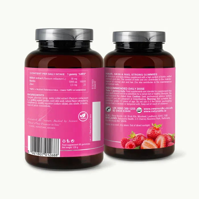 Back of Hair, Skin and Nail Strong™ gummies package.