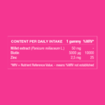 Ingredient table showing daily intake and amounts of millet extract, biotin and zinc.