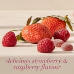 Setting with fresh strawberries, raspberries, and Hair, Skin and Nail Strong™ Gummies with text Delicious strawberry and raspberry flavour.