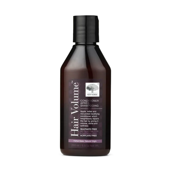 New Nordic Hair Volume™ Conditioner repairs and nourishes hair with apple, millet, and rice protein, adding volume, shine, and softness. Image of product.