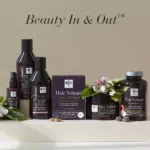 Range image of hair volume product range including serum, shampoo, conditioner, mega strength tablets, repair mask and gummies.