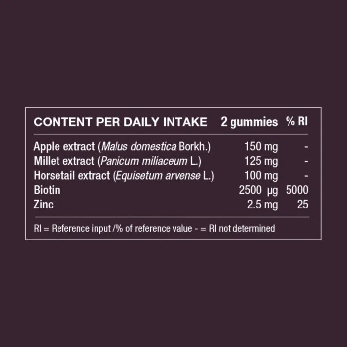 Ingredient table showing daily intake and amounts of apple, millet and horsetail extracts with biotin and zinc.