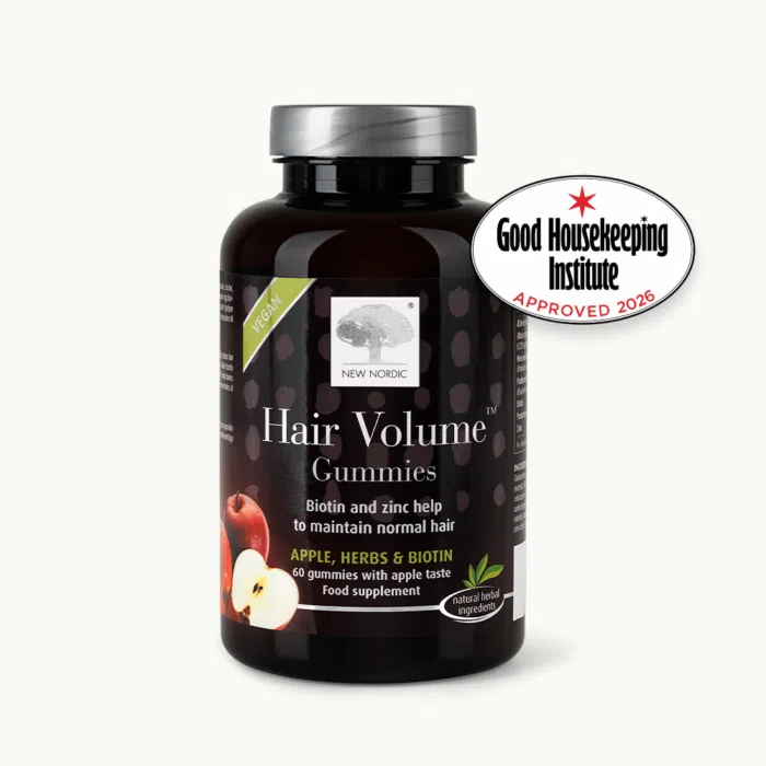w_HairVolumeGummies_60_Front+Good_HouseKeeping_Approved_2026_UK_Tile1 Front of Hair Volume™ Gummies package.