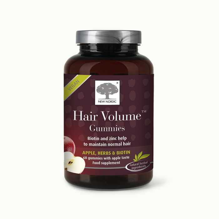 w_HairVolumeGummies_60_Front_UK_Tile1 Front of Hair Volume™ Gummies package.