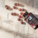 Benefits of the ingredients in Hair Volume™ Gummies displayed with fresh gummies on a marble table.