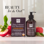 Image of Hair Volume Post Menopause supplement alongside a shampoo bottle with the text: 'Beauty In & Out™'