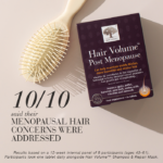 Hair Volume™ Post Menopause displayed on a light background next to a hairbrush with text 10/10 10 said their menopausal hair concerns had been addressed.