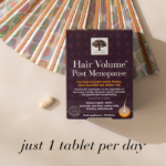 The Hair Volume™ Post Menopause package displayed with a single tablet and text Just one tablet per day.