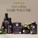 Products from the Hair Volume™ range including the repair mask, tablets, gummies, conditioner, shampoo and hair serum.