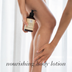 Woman applying Herbal Joy™ Firming Lotion to her legs, showing its rich texture with text Nourishing body lotion.