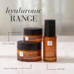 The Hyaluronic Active™ range with eye cream, face cream and serum displayed with water drops, showing intense moisture.