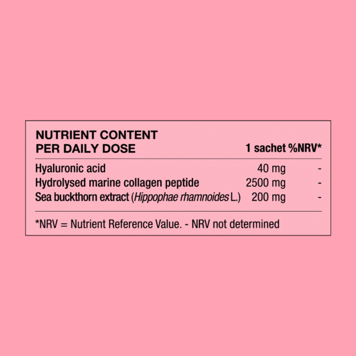 Collagen Shot™ Plus Hyaluronic Acid content, showing how much hyaluronic acid, collagen and sea buckthorn amounts