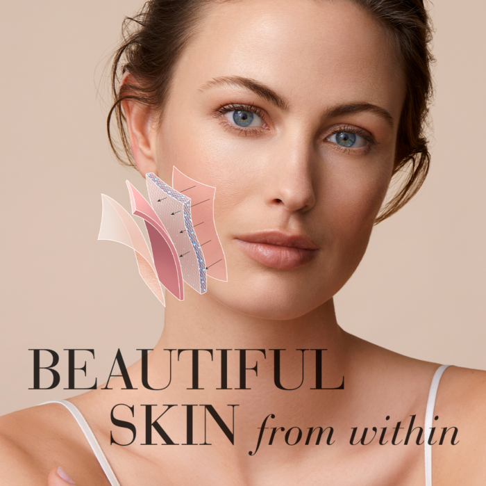 Diagram of womans skin showing the different layers with text beautiful skin from within