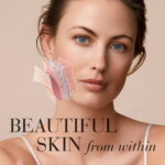 Diagram of womans skin showing the different layers with text beautiful skin from within