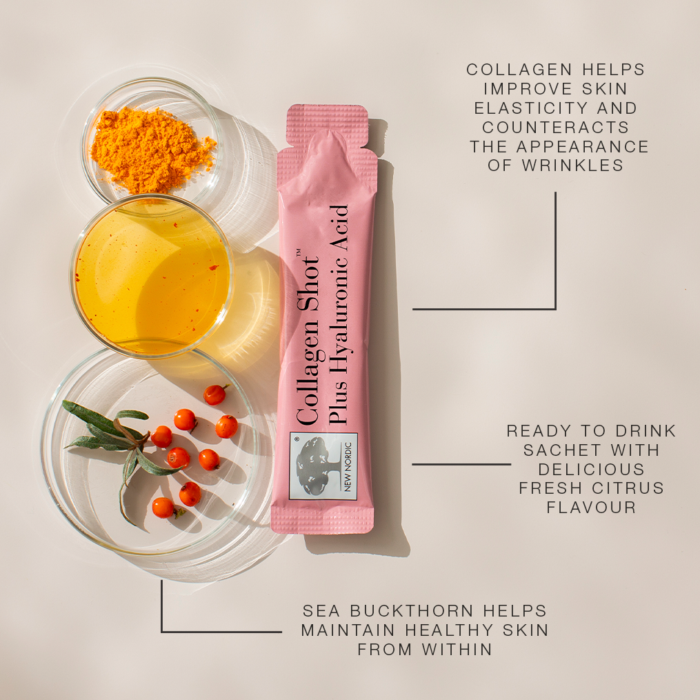 Benefits of the Collagen Shot™ Plus Hyaluronic Acid, including that sea buckthorn helps maintain healthy skin from within.