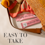 Hyaluronic Shot™ shown in an everyday on-the-go setting with a bag and text Easy to take.