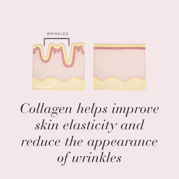 Diagram showing wrinkles in the skin with text Collagen helps improve skin elasticity and reduce the appearance of wrinkles.