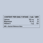 Ingredient table showing daily intake and amounts of calcium, magnesium and vitamin D.