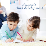 Children laying on a carpet while drawing with text Supporting healthy child development.