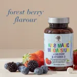 The Kids Magic Magnesium™ bucket surrounded by fresh berries and text Forest Berry Flavour.