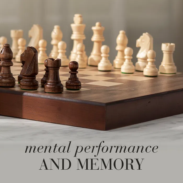 Chessboard displayed with text mental performance and memory.