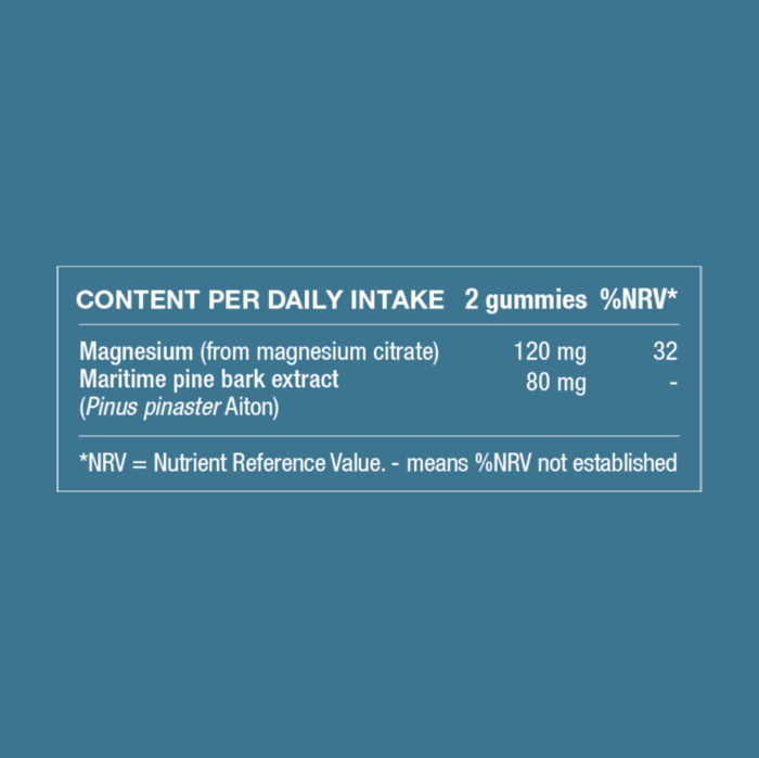 Ingredient table showing daily intake and amounts of magnesium and maritime pine bark extract.